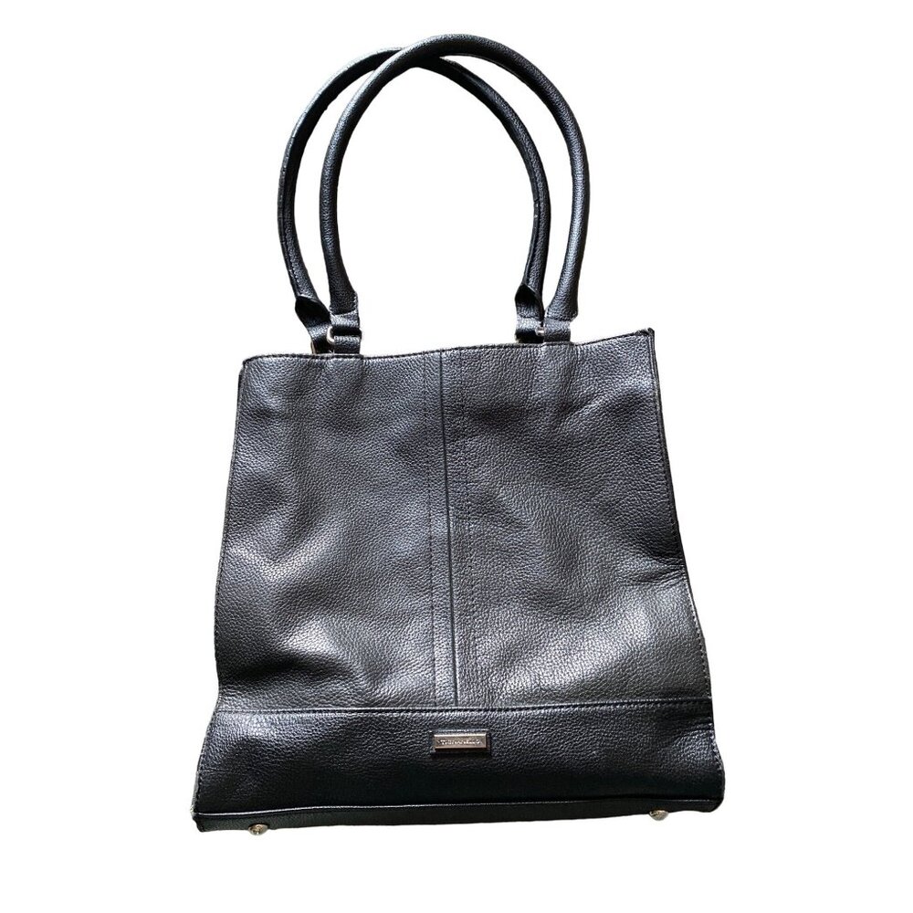 Tignanello Shoulder Bag Purse Black Leather 11"x12"‎ Footed Classic Chic Career
